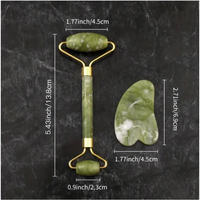 Rolo e placa de massagem facial de jade natural, ferramenta de Gua Sha para beleza do rosto e olhos.