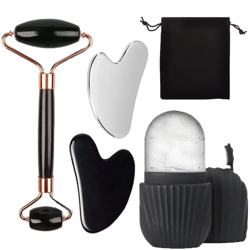 Kit de massagem facial com rolo de jade de dupla cabeça, Gua Sha em formato de coração, rolo de gelo para o rosto e placa de raspagem em aço inox, para firmar a pele e cuidados de beleza.