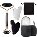 Kit de massagem facial com rolo de jade de dupla cabeça, Gua Sha em formato de coração, rolo de gelo para o rosto e placa de raspagem em aço inox, para firmar a pele e cuidados de beleza.