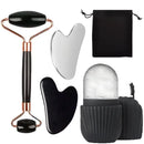 Kit de massagem facial com rolo de jade de dupla cabeça, Gua Sha em formato de coração, rolo de gelo para o rosto e placa de raspagem em aço inox, para firmar a pele e cuidados de beleza.