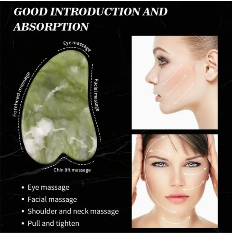 Rolo e placa de massagem facial de jade natural, ferramenta de Gua Sha para beleza do rosto e olhos.