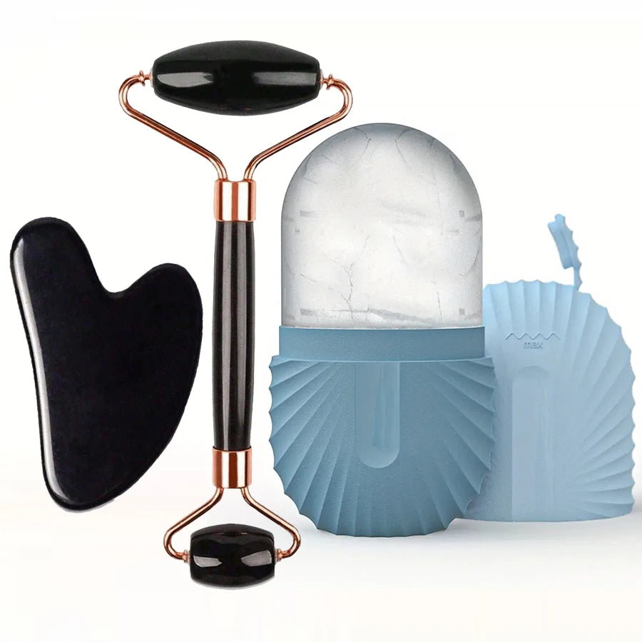 Rolo facial de gelo (1/2/3 peças), ferramenta de cuidados com a pele tipo Gua Sha, massageador facial para lifting e contorno do rosto.