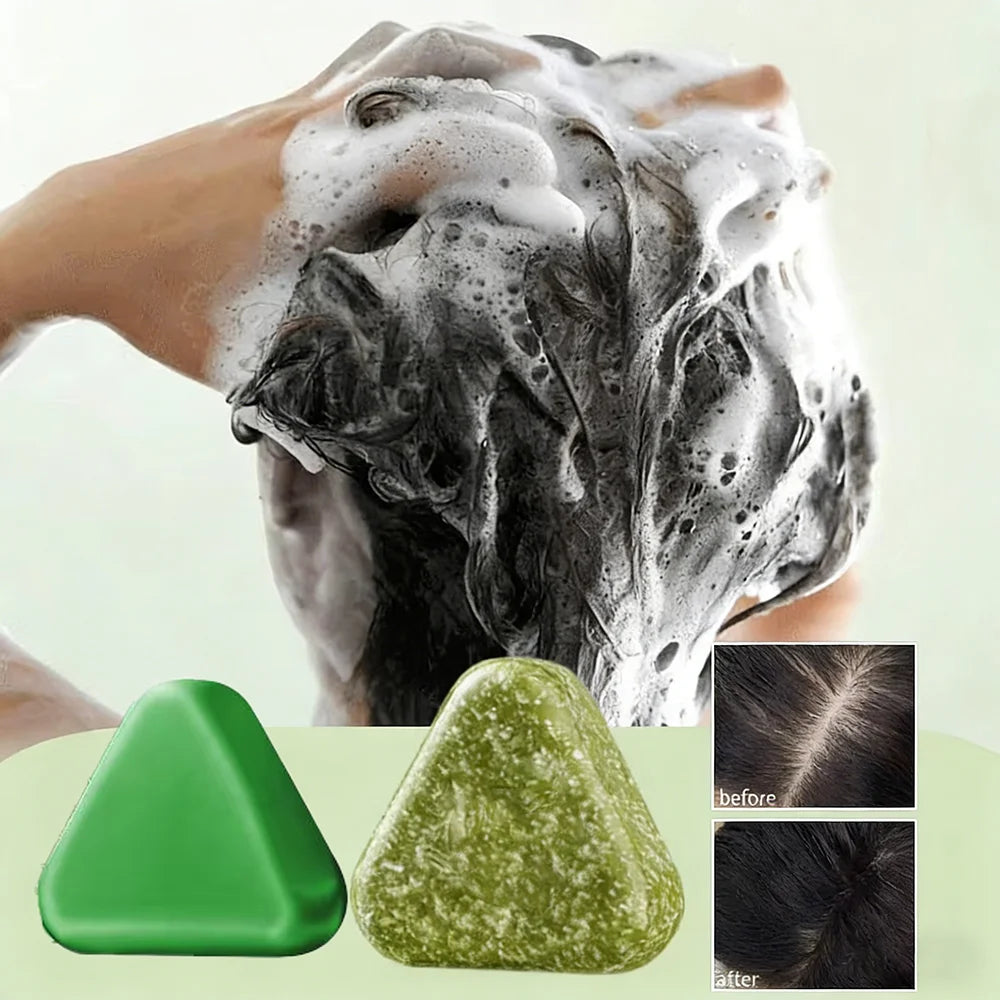 Shampoo/sabonete herbal natural feito à mão com ervas (Usman Grass), para nutrição do cabelo, controle de oleosidade, sensação refrescante e cuidado capilar que deixa o cabelo leve e macio.
