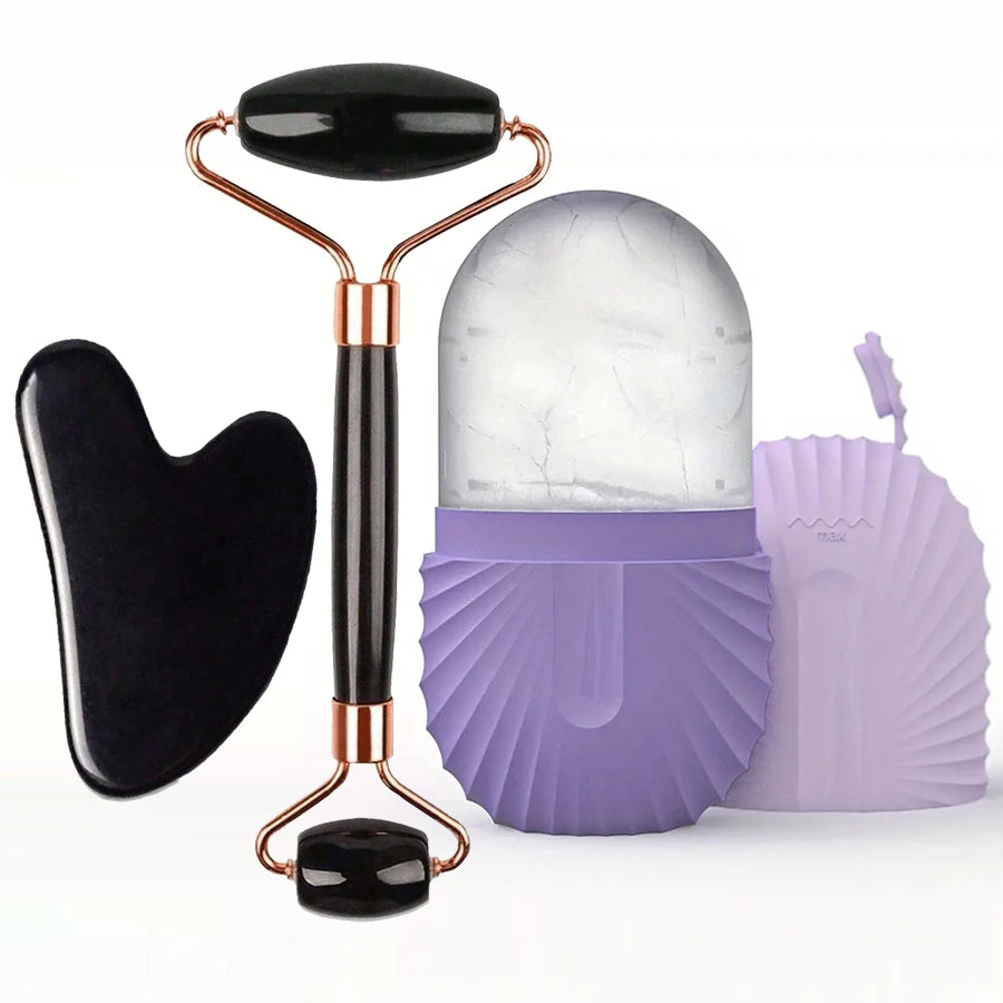 Rolo facial de gelo (1/2/3 peças), ferramenta de cuidados com a pele tipo Gua Sha, massageador facial para lifting e contorno do rosto.