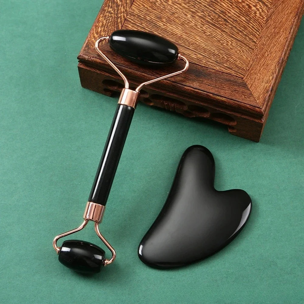 Kit de massagem facial com rolo de jade de dupla cabeça, Gua Sha em formato de coração, rolo de gelo para o rosto e placa de raspagem em aço inox, para firmar a pele e cuidados de beleza.