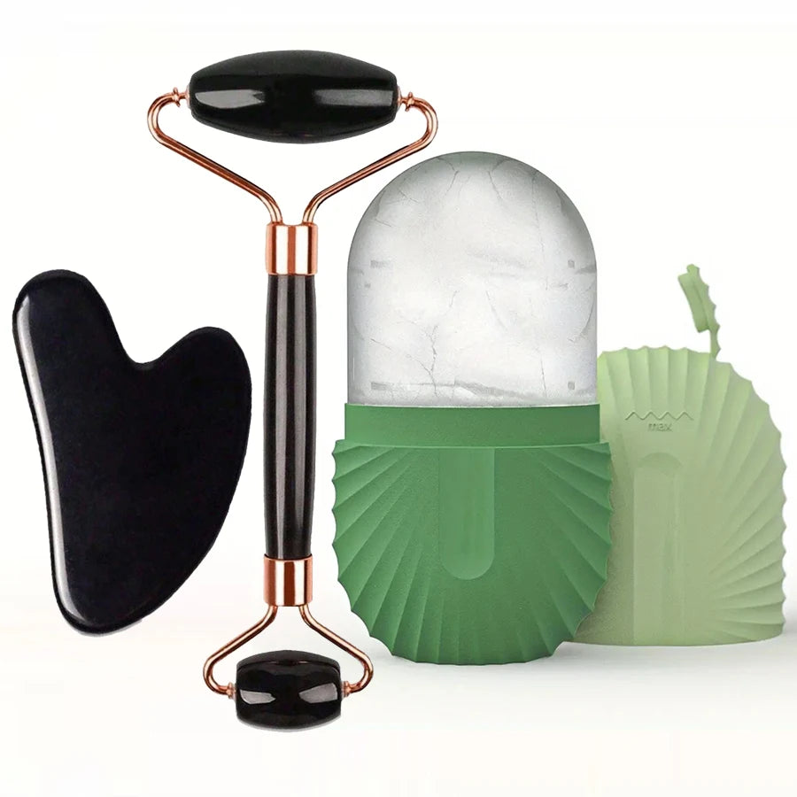 Rolo facial de gelo (1/2/3 peças), ferramenta de cuidados com a pele tipo Gua Sha, massageador facial para lifting e contorno do rosto.
