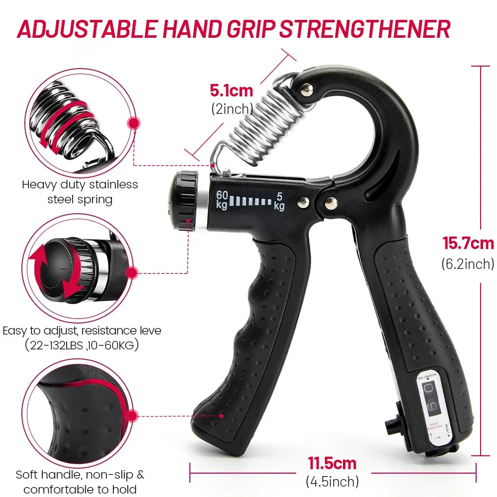 Fortalecedor de pegada ajustável de 5–60 kg, conjunto completo com contador, exercitador de punho, antebraço e mão para fortalecimento muscular.