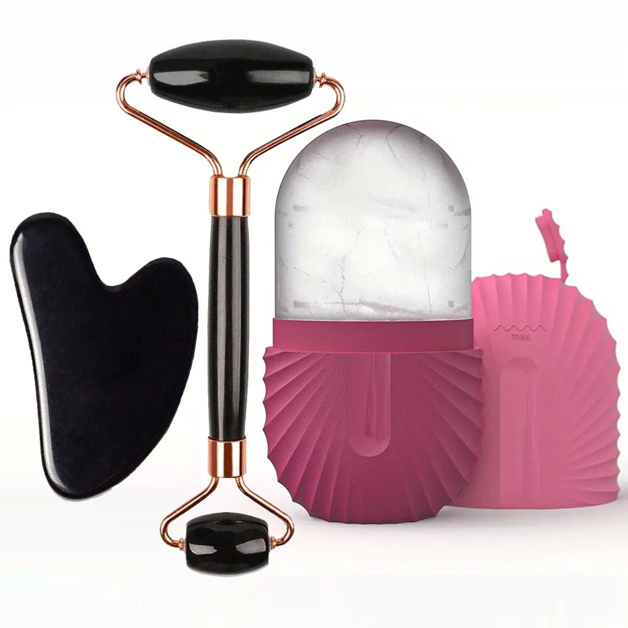Rolo facial de gelo (1/2/3 peças), ferramenta de cuidados com a pele tipo Gua Sha, massageador facial para lifting e contorno do rosto.