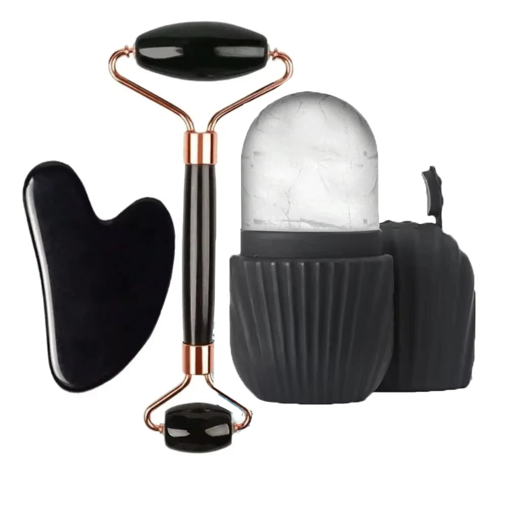 Kit de massagem facial com rolo de jade de dupla cabeça, Gua Sha em formato de coração, rolo de gelo para o rosto e placa de raspagem em aço inox, para firmar a pele e cuidados de beleza.