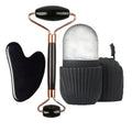 Kit de massagem facial com rolo de jade de dupla cabeça, Gua Sha em formato de coração, rolo de gelo para o rosto e placa de raspagem em aço inox, para firmar a pele e cuidados de beleza.