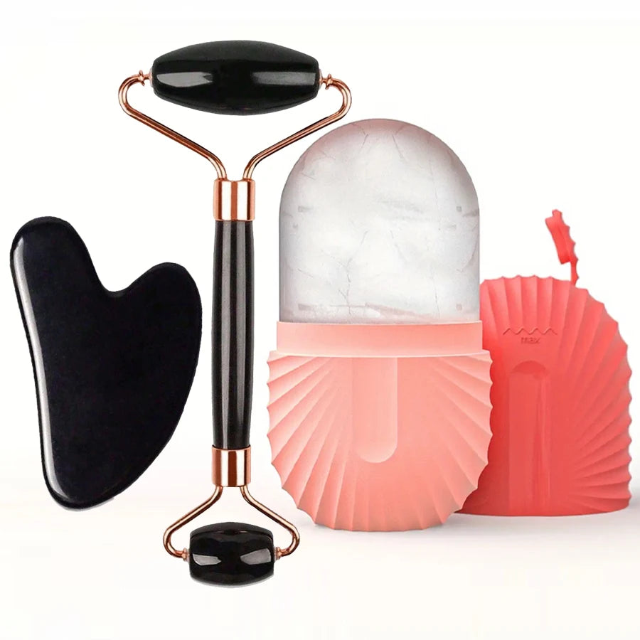 Rolo facial de gelo (1/2/3 peças), ferramenta de cuidados com a pele tipo Gua Sha, massageador facial para lifting e contorno do rosto.
