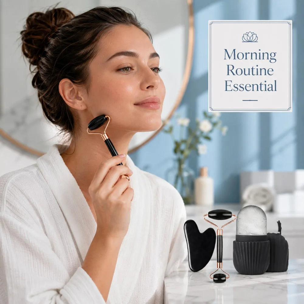 Kit de massagem facial com rolo de jade de dupla cabeça, Gua Sha em formato de coração, rolo de gelo para o rosto e placa de raspagem em aço inox, para firmar a pele e cuidados de beleza.