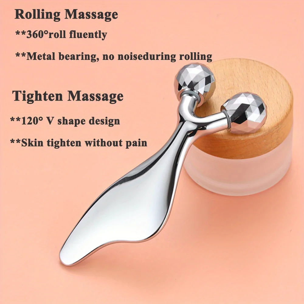 Massageador facial 3D 2 em 1 e ferramenta de Gua Sha, rolo frio para rosto, olhos e queixo, ferramenta para lifting e firmeza da pele, esculpir o rosto e cuidados de beleza.