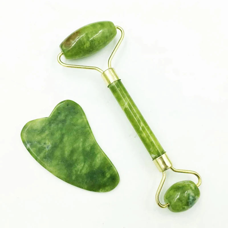 Rolo e placa de massagem facial de jade natural, ferramenta de Gua Sha para beleza do rosto e olhos.