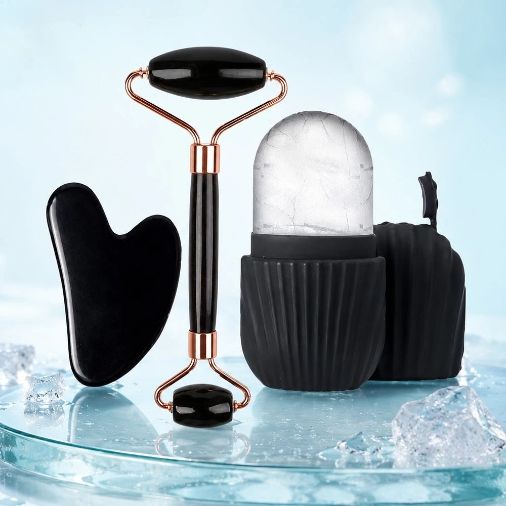 Kit de massagem facial com rolo de jade de dupla cabeça, Gua Sha em formato de coração, rolo de gelo para o rosto e placa de raspagem em aço inox, para firmar a pele e cuidados de beleza.