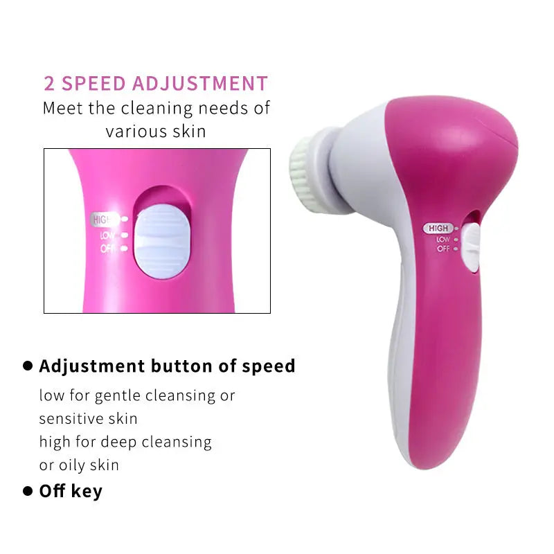 Escova de limpeza facial elétrica 5 em 1, máquina de limpeza do rosto com efeito spa, massageador de cuidados com a pele, removedor de cravos e limpador facial.