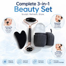 Kit de massagem facial com rolo de jade de dupla cabeça, Gua Sha em formato de coração, rolo de gelo para o rosto e placa de raspagem em aço inox, para firmar a pele e cuidados de beleza.
