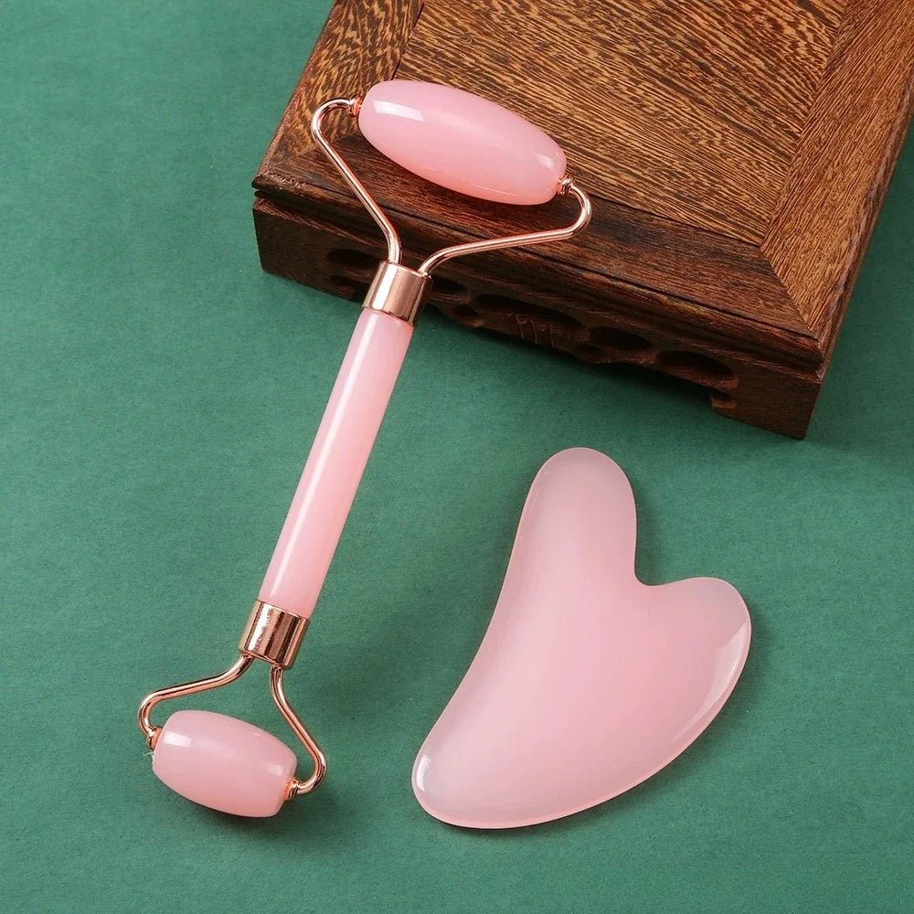 Kit de massagem facial com rolo de jade de dupla cabeça, Gua Sha em formato de coração, rolo de gelo para o rosto e placa de raspagem em aço inox, para firmar a pele e cuidados de beleza.