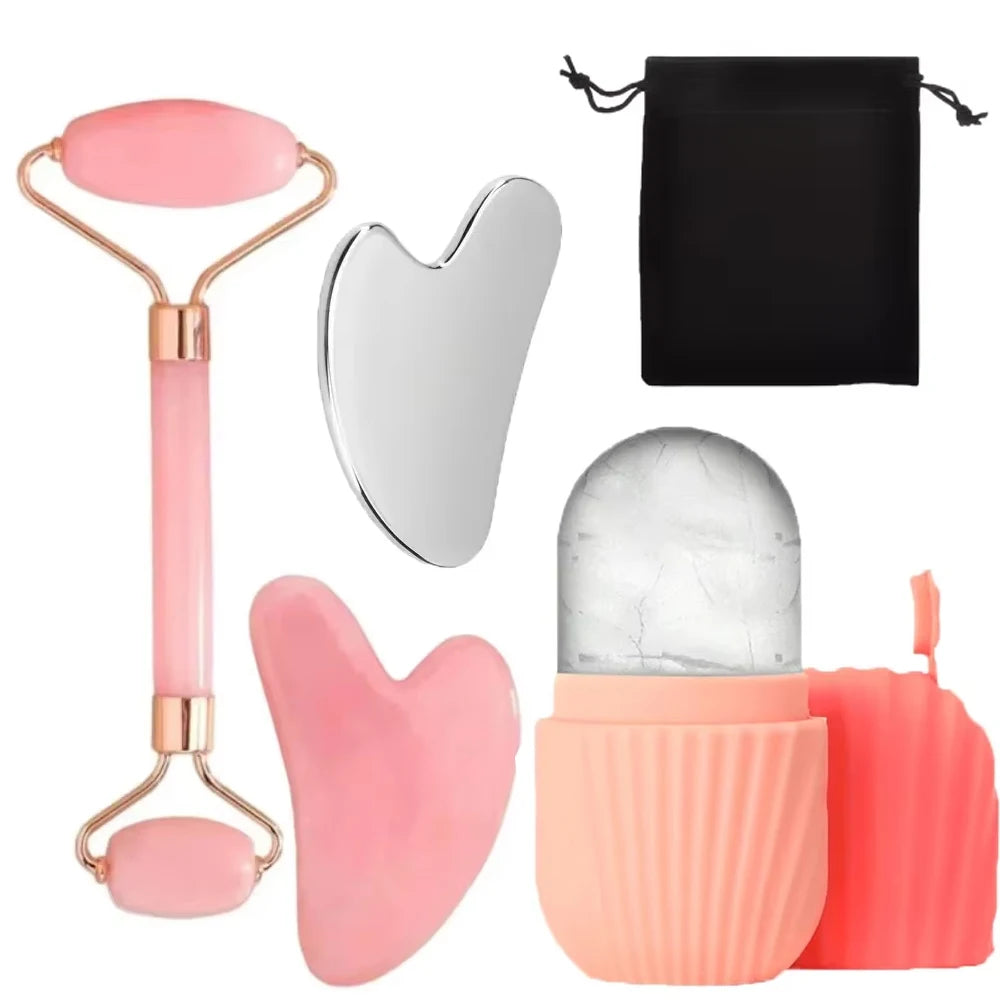 Kit de massagem facial com rolo de jade de dupla cabeça, Gua Sha em formato de coração, rolo de gelo para o rosto e placa de raspagem em aço inox, para firmar a pele e cuidados de beleza.